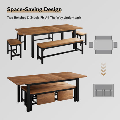 iPormis 5-Piece Dining Table Set for 4-8 People, Extendable Kitchen Table Set with 2 Benches and 2 Square Stools, Mid-Century Dining Room Table with Metal Frame & MDF Board, Saving Space, Wal - WoodArtSupply