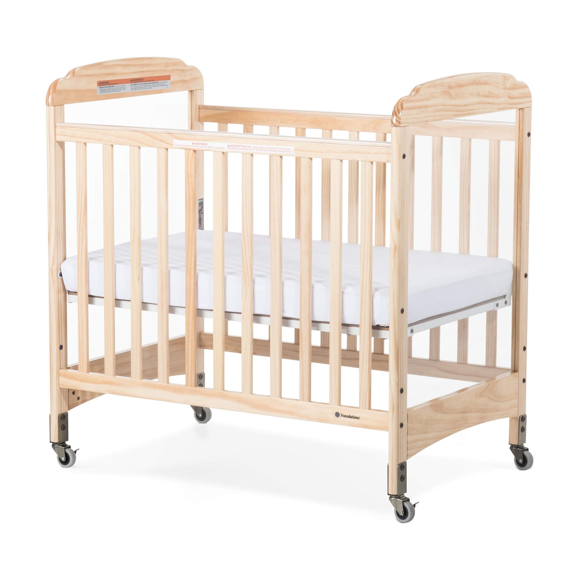 Foundations Serenity Compact Clearview Daycare Crib, Fixed Side, Durable Wood Construction, Adjustable Mattress Board, Clear End Panels. Includes 3” InfaPure Foam Mattress (Natural) - WoodArtSupply