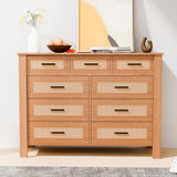 9 Drawer Dresser for Bedroom, Rattan Chest of Dressers, Modern Boho Wooden Dresser Chest with Mental Handles, Living Room and Entryway Loreena
