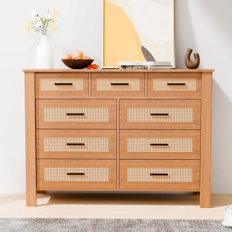 9 Drawer Dresser for Bedroom, Rattan Chest of Dressers, Modern Boho Wooden Dresser Chest with Mental Handles, Living Room and Entryway Loreena
