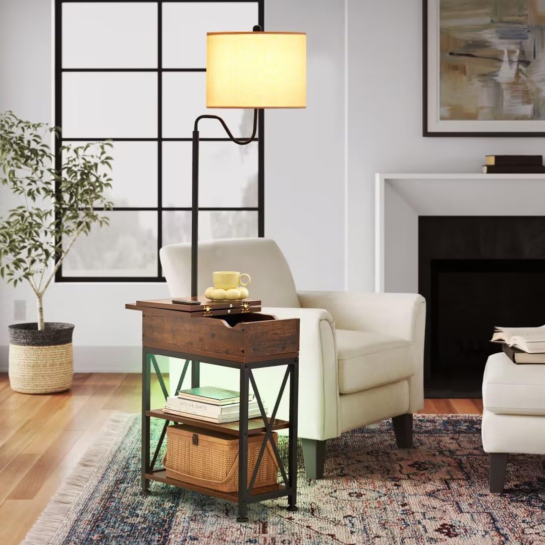 Dungoo Floor Lamp with Table, Narrow End Table with LED Lights Remote Control, Nightstand with USB & AC Outlets, Fliptop Storage Shelf End Table with Lamp Attached for Living Room Dungoo