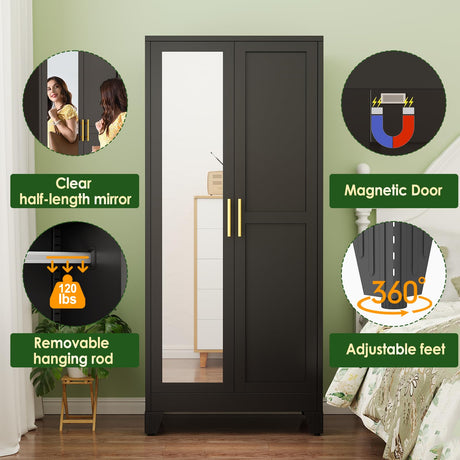 winiowa Metal Armoire Wardrobe Closet with 2 Mirror Doors, 71"' Wardrobe Cabinet with Adjustable Shelves and Hanging Rod, Clothing Storage Cabinet Closet with Mirror for Bedroom-Black winiowa