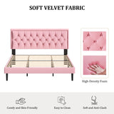 CXVX King Size Platform Bed Frame with Upholstered Velvet Button Tufted Headboard, Mattress Foundation with Wooden Slat Support, No Box Spring Needed, Easy Assembly, Noise Free, Pink CXVX