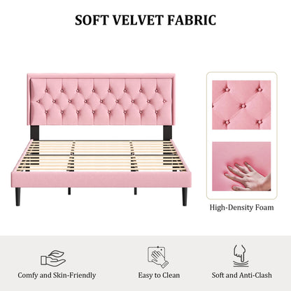 CXVX King Size Platform Bed Frame with Upholstered Velvet Button Tufted Headboard, Mattress Foundation with Wooden Slat Support, No Box Spring Needed, Easy Assembly, Noise Free, Pink