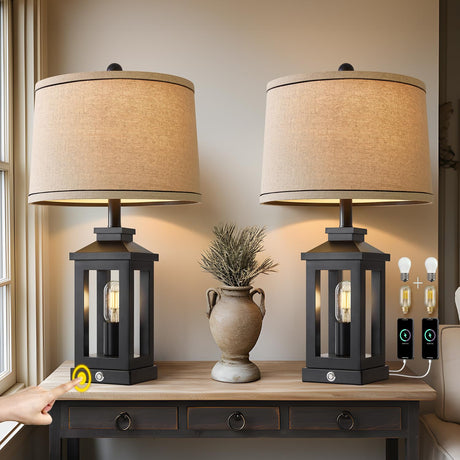 G-SAFAVA 23.75" Retro Farmhouse Black Table Lamp for Living Room Bedroom Nightstand Set of 2 Touch Control Bedside Nightlight Vintage Modern Lamp with USB C+A Ports and 2 Light Sources G-SAFAVA