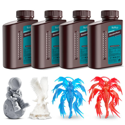 SUNLU 3D Printer Resin Bundle Multicolor, Rapid Curing Standard 3D Printing Photopolymer Resin, 395 to 405nm UV Curing, 2kg in Total, 0.5kg per Bottle, 4 Pack, Light Grey+White+Clear Blue+Clear Red