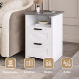 AURINEST Farmhouse Night Stand Set of 2 with Charger Station, Bed Side Table with 2 Drawers and Storage Shelf, Rustic End Table for Bedroom, Living Room, Small Spaces, White AURINEST