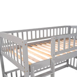 Twin Over Twin Bunk Bed with Slide for Kids, Low Bunk Bed Frame with Convertible Ladder & Detachable Fence, Solid Pine Wood Structure for Bedroom, Grey Merax