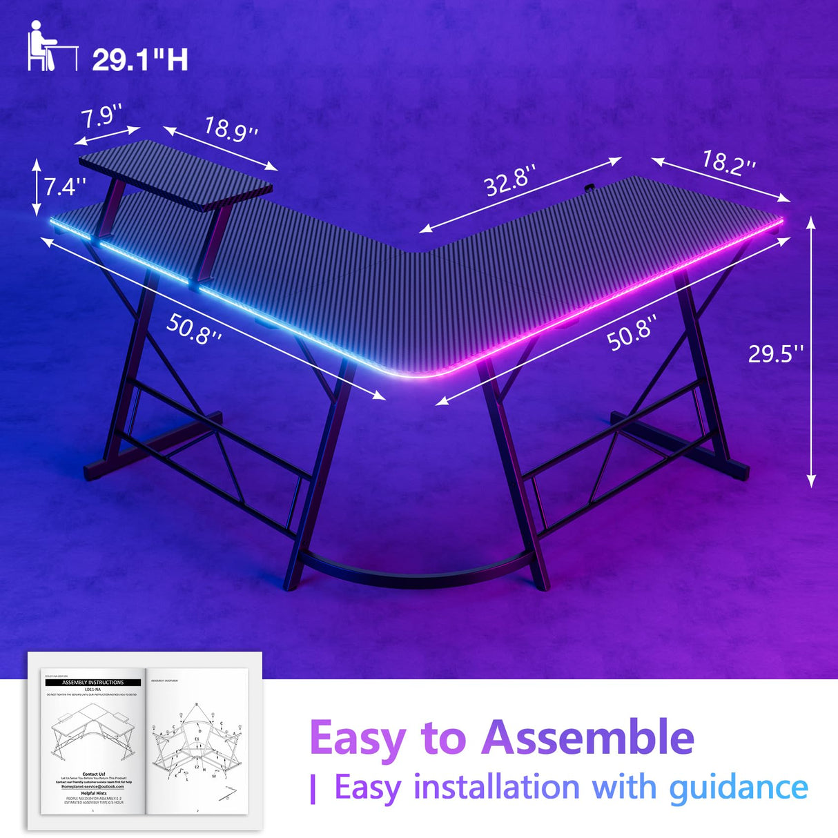 Mr IRONSTONE Gaming Desk with LED Lights, L Shaped Desk Corner with Cup Holder & Headphone Hook, Computer Desk Home Office Desks with Large Monitor Stand, Carbon Fiber Surface, Black 51 Inch Mr IRONSTONE