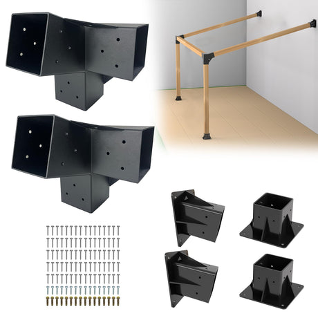 15° Angled Pergola Kit 4x4(Inner 3.64x3.64), 2PC 3-Way Slanted Pergola Roof Bracket, Post Base-Lean Corner Bracket Kit-DIY Gazebo Brackets-Hardware Kit for Outdoor Wood Beams Sunroom Carport Cabin Vlaeng
