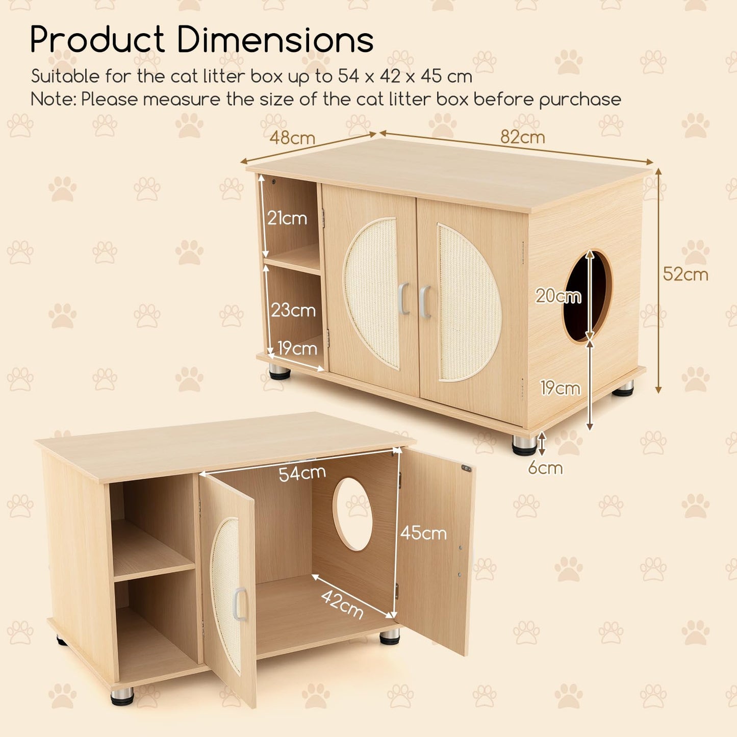 PETSITE Cat Litter Box Enclosure, Hidden Litter Box Furniture with Sisal Scratching Board Doors, Wooden Pet House Side End Table, Indoor Litter Box Cabinet with Adjustable Metal Feet