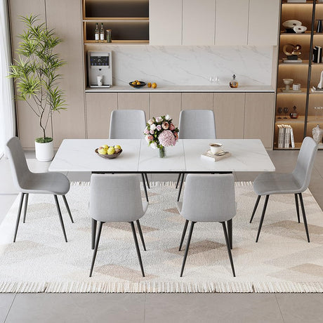 FURNITO 7 Piece Dining Table Set, 59"-75" Extendable Dining Room Table Set with 6 Upholstered Chairs, White Kitchen Table Chairs Set for Living Room, Apartment, Easy to Assemble FURNITO