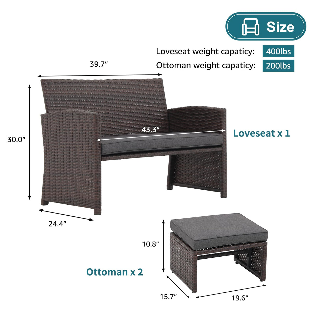 OC Orange-Casual Outdoor Loveseat 3 Piece Patio Furniture Set Outdoor Conversation Set All-Weather Wicker Love Seat with Ottoman/Side Table, Brown Rattan, Dark Grey OC Orange-Casual