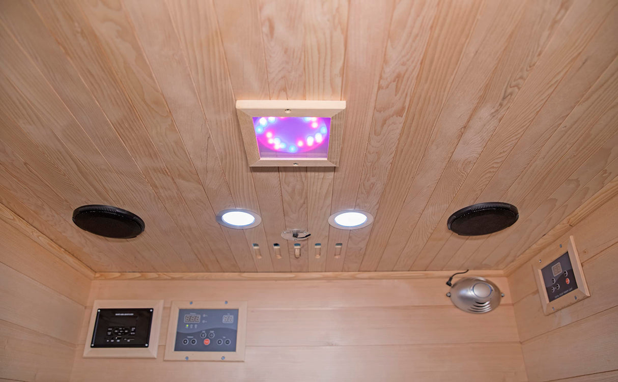 Heat Wave 4 Person Sauna Hemlock Wood Sonoma 9 Carbon Infrared Heaters MP3 Player Chromo Therapy Lighting 120V 2100W Heat Wave