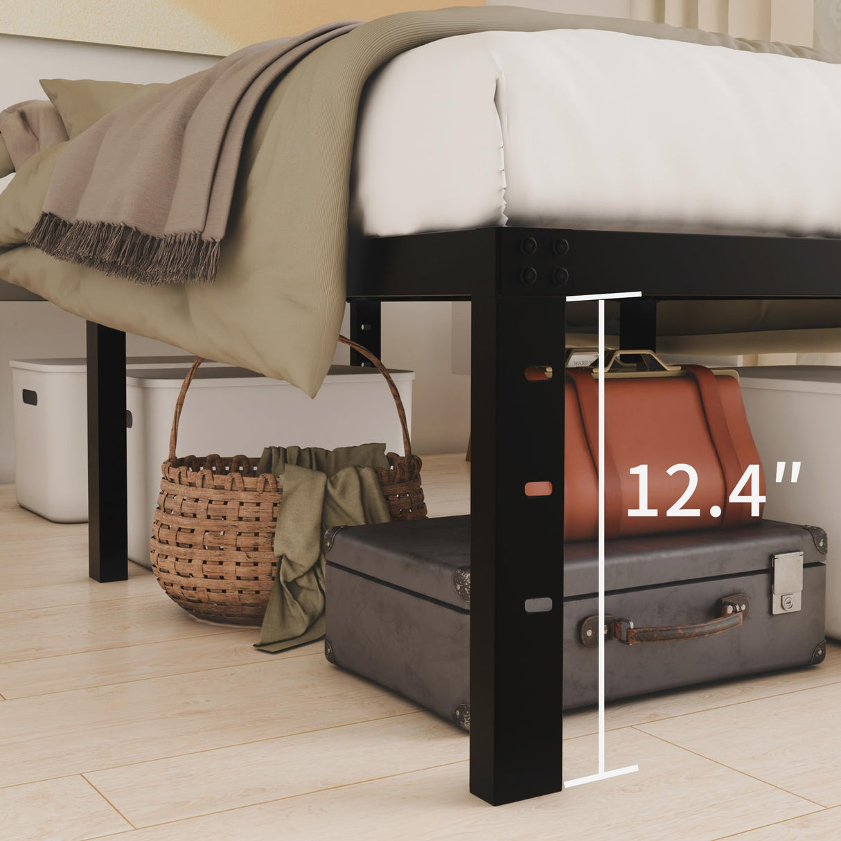 HOBINCHE 14 Inch Metal Bed Frame Queen Size No Box Spring Needed - Easy Assembly Heavy Duty Noise Free Narrow Bedframes - Double Black Basic Steel Slats Platform with Storage HOBINCHE