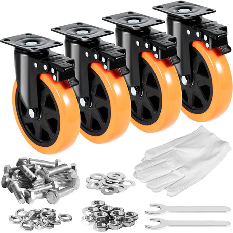 VEVOR Caster Wheels, 6-inch Swivel Plate Casters, Set of 4, with Security A/B Locking No Noise PVC Wheels, Heavy Duty 2800 lbs Load Capacity, Non-Marking Wheels for Cart Furniture Workbench VEVOR