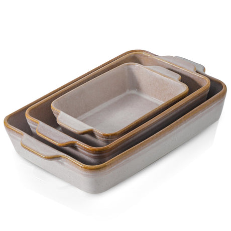 HVH 9x13 Baking Dish Set, Large Casserole Dishes for Oven, Ceramic Bakeware Set of 3, Baking Dishes for Casseroles 13 x 9, Rectangular Lasagne Pan Deep for Baking (Sand Color) HVH