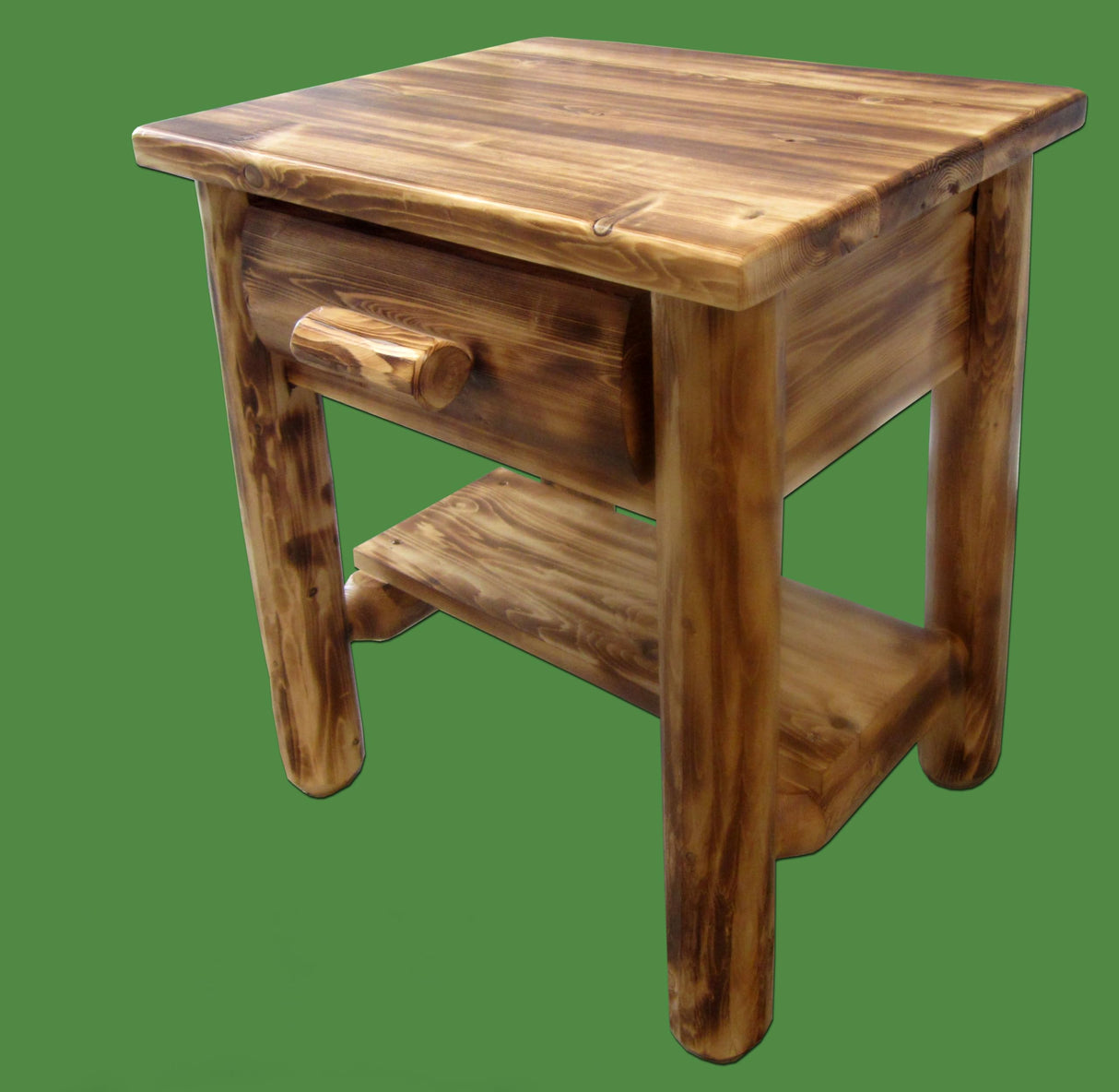 Midwest Log Furniture Torched Cedar Log Nightstand [1 Drawer] - Burnt Medium Brown/Dovetailed/Solid Wood/Amish Handcrafted in USA Midwest Log Furniture