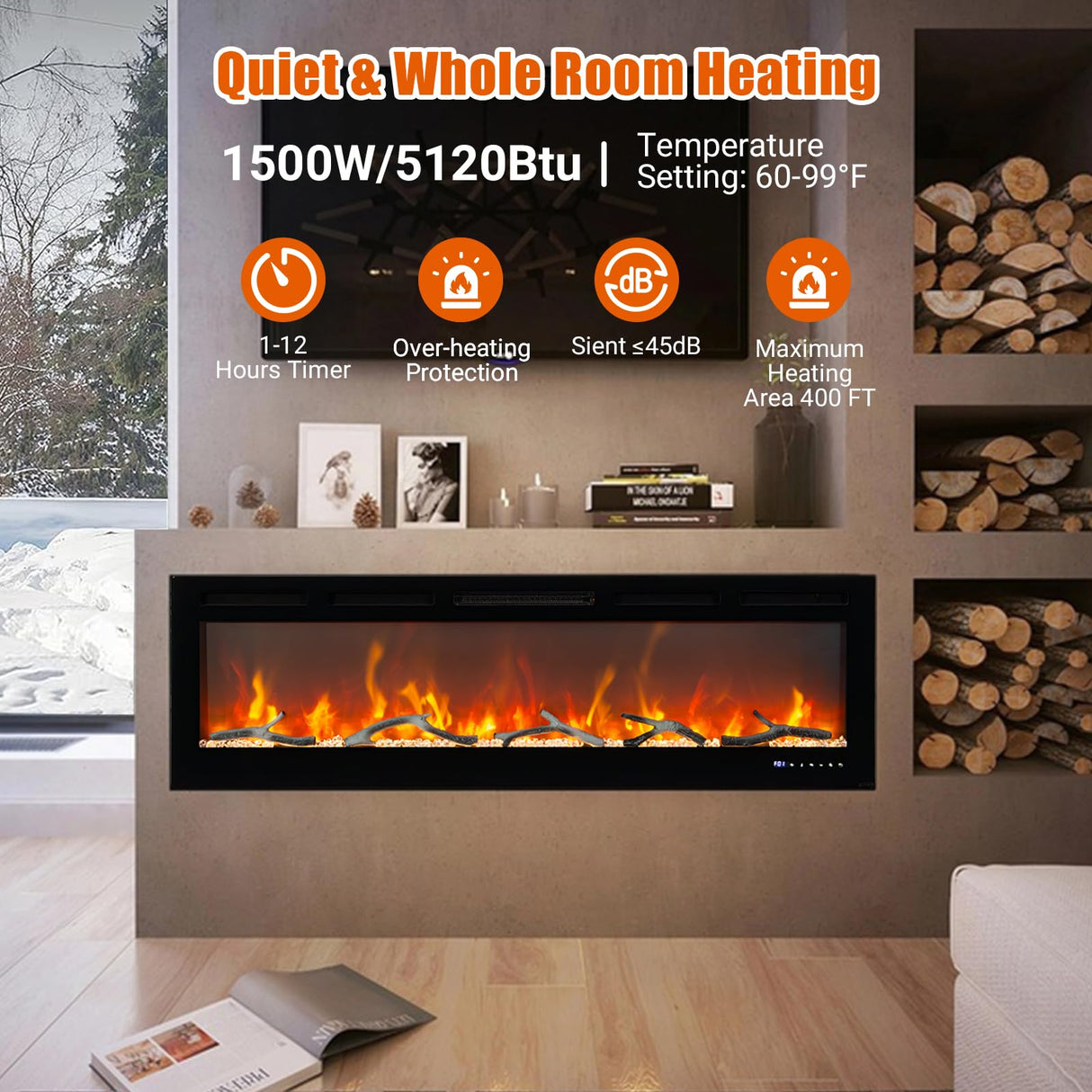 GarveeHome 60" Electric Fireplace Heater, Wall-Mounted & Recessed Fireplace, Multicolor Flame, WiFi-Enabled Electric Fireplace Insert, 12 Realistic Flame Options, 1500W Heater w/Thermostat, Black GarveeHome