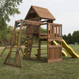 Swing-N-Slide WS 8356 Wooden Timberview Play Set with Two Slides, Monkey Bars, Wood Roof, Climbing Wall and Swings, Wood , Brown Swing-N-Slide