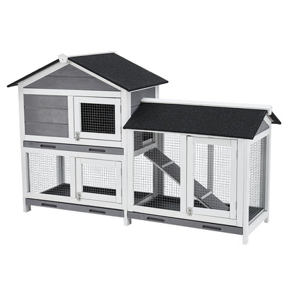 58'' Bunny Hutch Indoor with 3 Leak-Proof Trays, Waterproof Roof Rabbit Hutch Indoor/Outdoor, 2-Tier Wooden Bunny House/Chicken Coop, Gray and Black