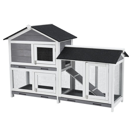 58'' Bunny Hutch Indoor with 3 Leak-Proof Trays, Waterproof Roof Rabbit Hutch Indoor/Outdoor, 2-Tier Wooden Bunny House/Chicken Coop, Gray and Black TROPOW