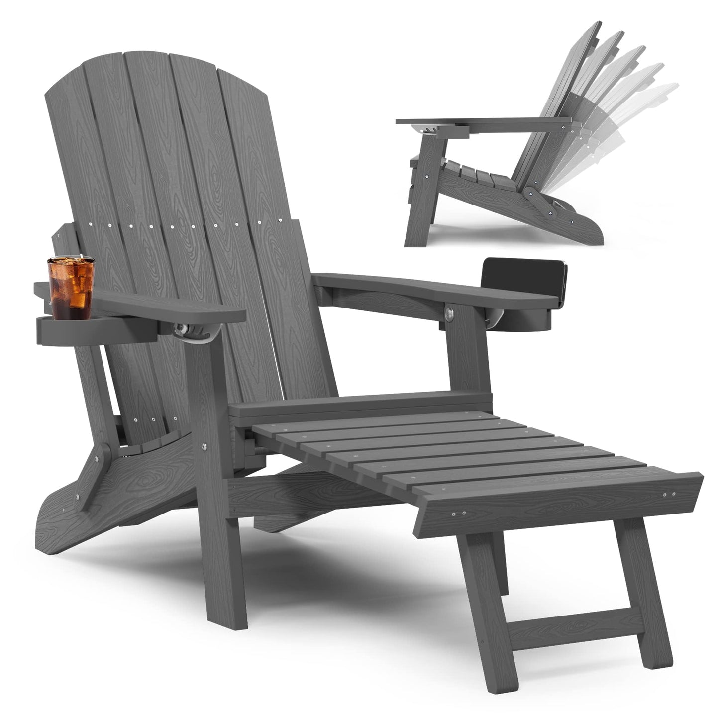 YEFU Adirondack Chair with Ottoman, Adjustable Backrest Adirondack Chairs, Folding Outdoor Fire Pit Chair with 2 Cup-Holders, Weather Resistant for Patio Lawn Outside Garden Pool, 380lbs(Grey)