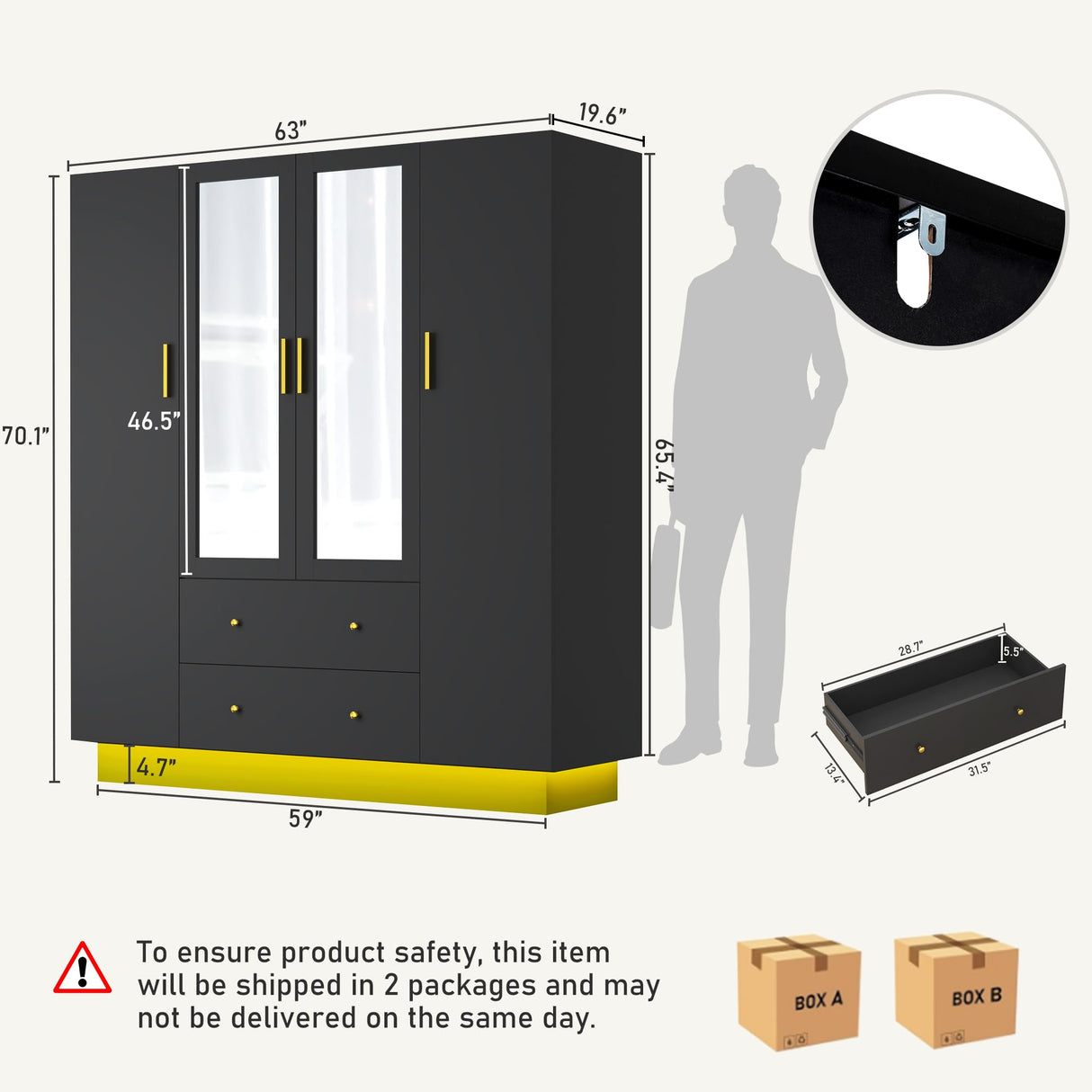 4 Doors Armoire Wardrobe Closet with Mirror, LED Armoire with Doors and Drawers, Wooden Wardrobe Storage Cabinet with Hanging Rod, Adjustable Shelves, Black chartustriable