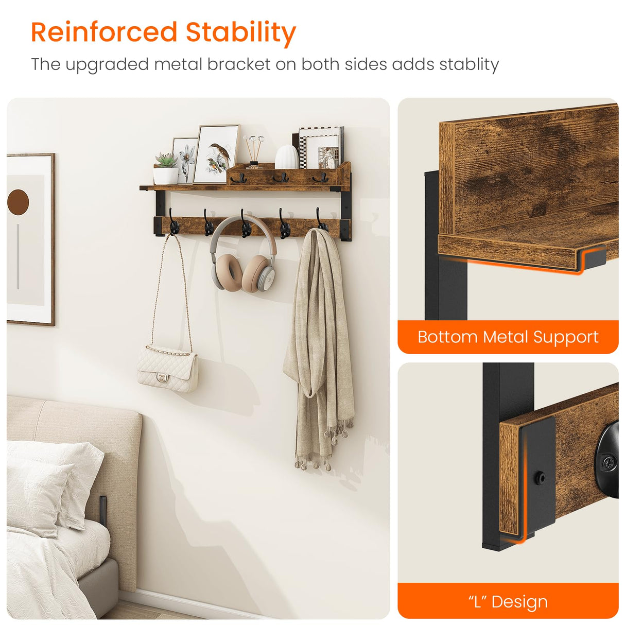 Homode Coat Rack with Shelf, Wall Shelf with Hooks, 26 Inch Long Coat Hanger Wall Mount with Key and Mail Holder, Wood Entryway Shelves for Hanging Hat Jacket Backpack Purse, Rustic Brown Black Homode