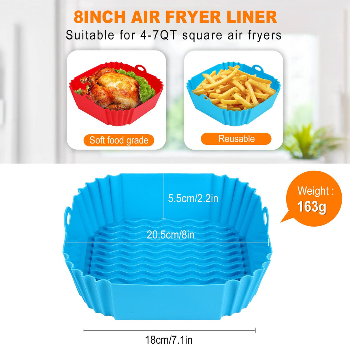 Boribim 2 PCS Square Silicone Air Fryer Liners - 8 Inch Reusable Air Fryer Pot - Air Fryer Accessories - Air Fryer Inserts for 4 to 7 QT Oven Microwave Accessories (Red + Blue) Boribim