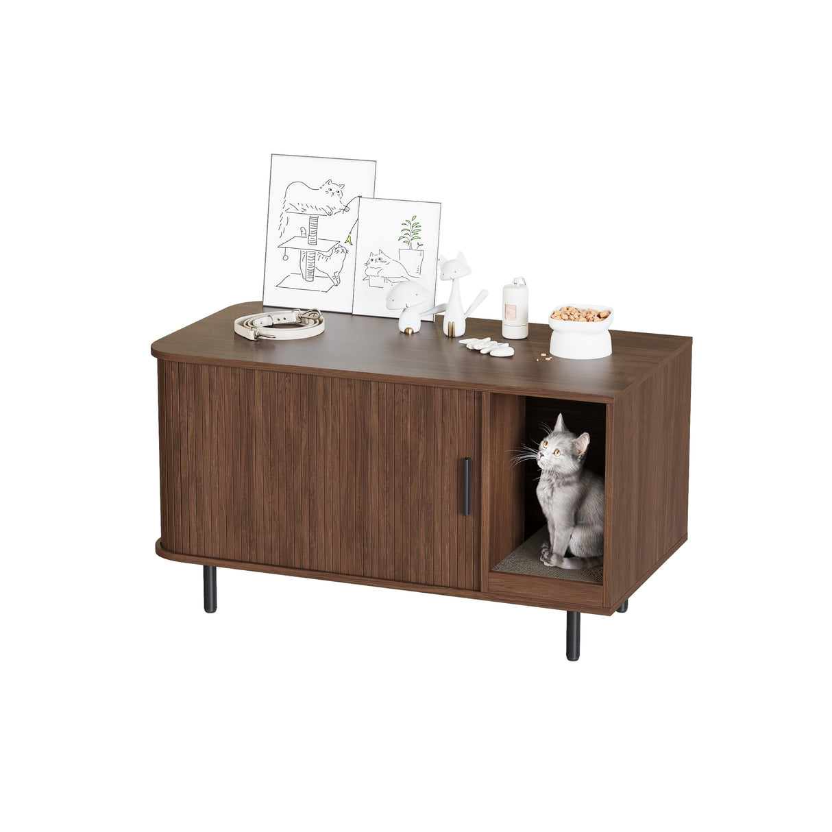 Cat Litter Box Enclosure with Cat Scratch Pad, Sliding Door, 37.4" Litter Box Enclosure Furniture Hidden Litter Box, Modern Indoor Cat House, TV Stand, Side End Table for Living Room, Walnut Halitaa