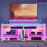 Bestier TV Stand for 65/70 inch TV, Tall Entertainment Center with 2 Led Lights, Gaming TV Console with Storage for PS5, Modern TV Cabinet for Bedroom, Living Room, White Marble Bestier
