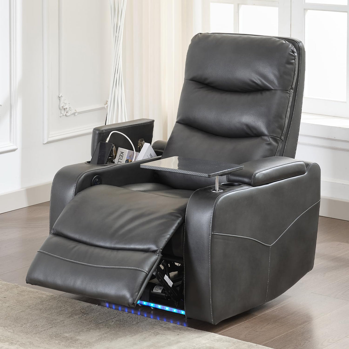 Electric Power Recliner Chair with LED Lights, Home Theater Seating with Swivel Tray Table, Faux Leather Recline Single Sofa Chair for Living Room with Hidden Arm Storage, Cup Holders, Grey, 1 Piece Comfort Stretch