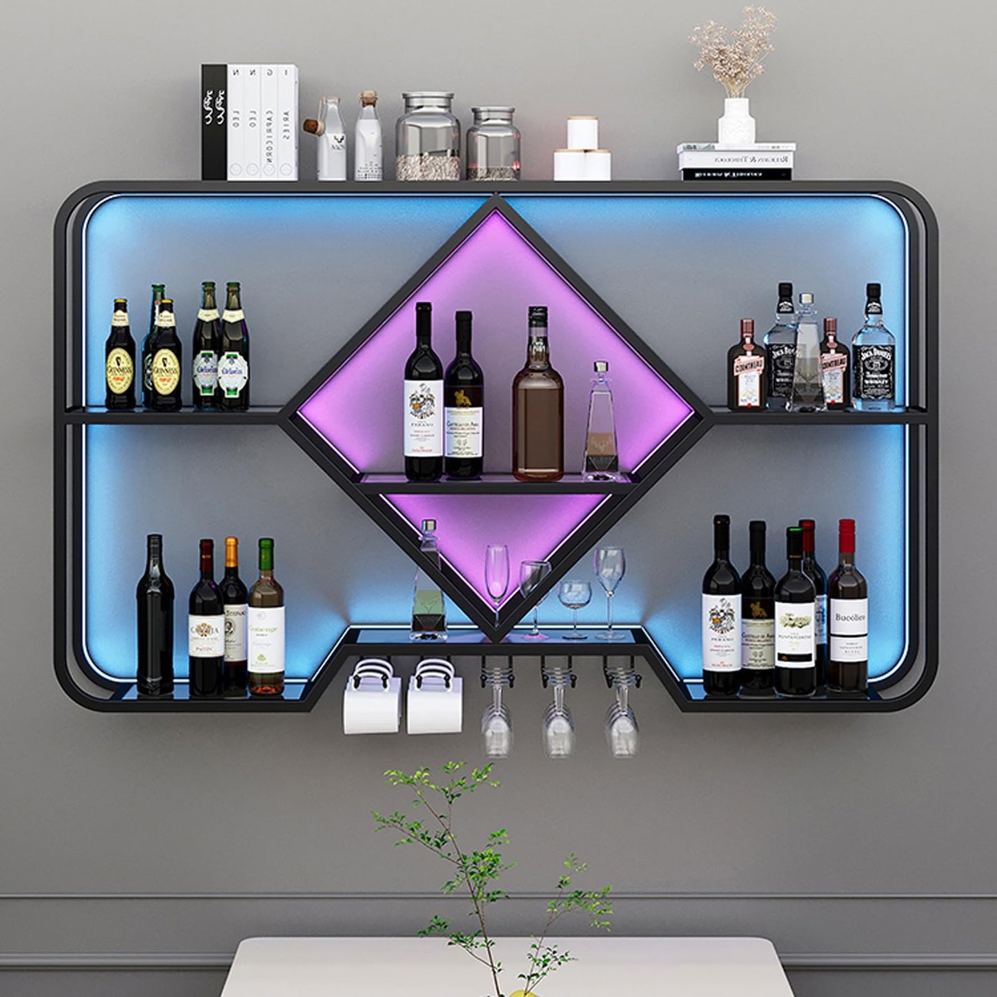 amhricho Wall Mounted Wine Rack, Modern Style Wine Rack, 3 Tier Wine Rack with LED light, Iron Wine Bottle Display Rack for Kitchen, Living Room, Home, Bar, Cafe (Color : Black) - WoodArtSupply