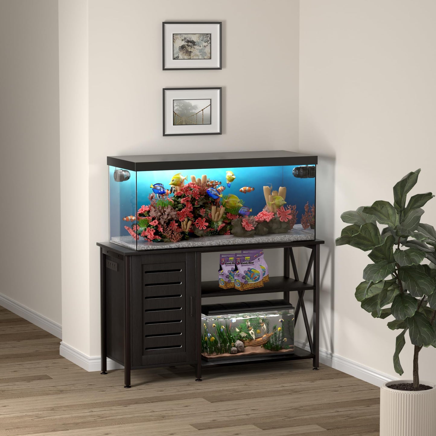 Herture 55-75 Gallon Fish Tank Stand, Aquarium Stand with Power Outlets and Cabinet for Fish Tank Accessories Storage, Heavy Duty Metal Frame, 52" L*19.68" W Tabletop, 1200LBS Capacity, Black - WoodArtSupply