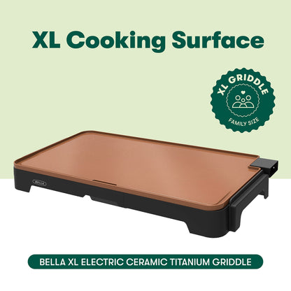 BELLA XL Electric Ceramic Titanium Griddle, Make 15 Eggs At Once, Healthy-Eco Non-stick Coating, Hassle-Free Clean Up, Large Submersible Cooking Surface, 12" x 22", Copper/Black