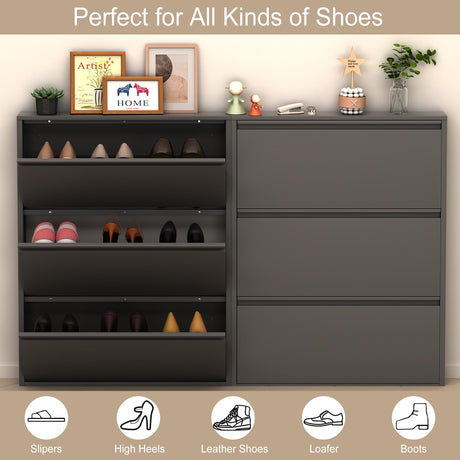 LUCYPAL Shoe Cabinet Storage for Entryway,Black Metal Shoe Cabinet with 3 Flip Drawers,Narrow Wall Shoe Storage Cabinet for Entryway,Hallway,Living Room,Require Assembly LUCYPAL