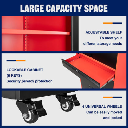 Yizosh Metal Garage Storage Cabinet with Locking Doors and Adjustable Shelves, Rolling Tool Storage Cabinet with 4 Wheels and 1 Drawer - 73" Steel Locking Cabinet for Garage, Warehouse (Red B - WoodArtSupply