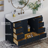 ARIEL Cambridge 55" Midnight Blue Bathroom Vanity with Sink, 1.5" Edge Pure White Quartz Countertop & Backsplash, Center Rectangular Sink, 2 Soft Closing Doors, 9 Full Extension Dovetail Drawers ARIEL