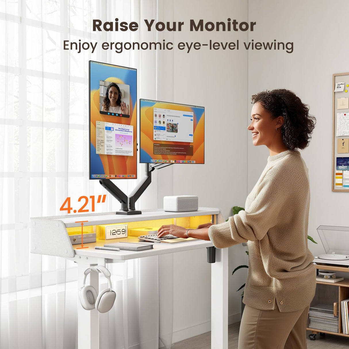 ErGear Standing Desk with LED Strip, 48″ x24″ Electric Height Adjustable RGB Gaming Desk with Shelf, Sit Stand Desk with Dual Cable Holes, C-Clamp Mount Compatible, 4 Preset Heights, White ErGear