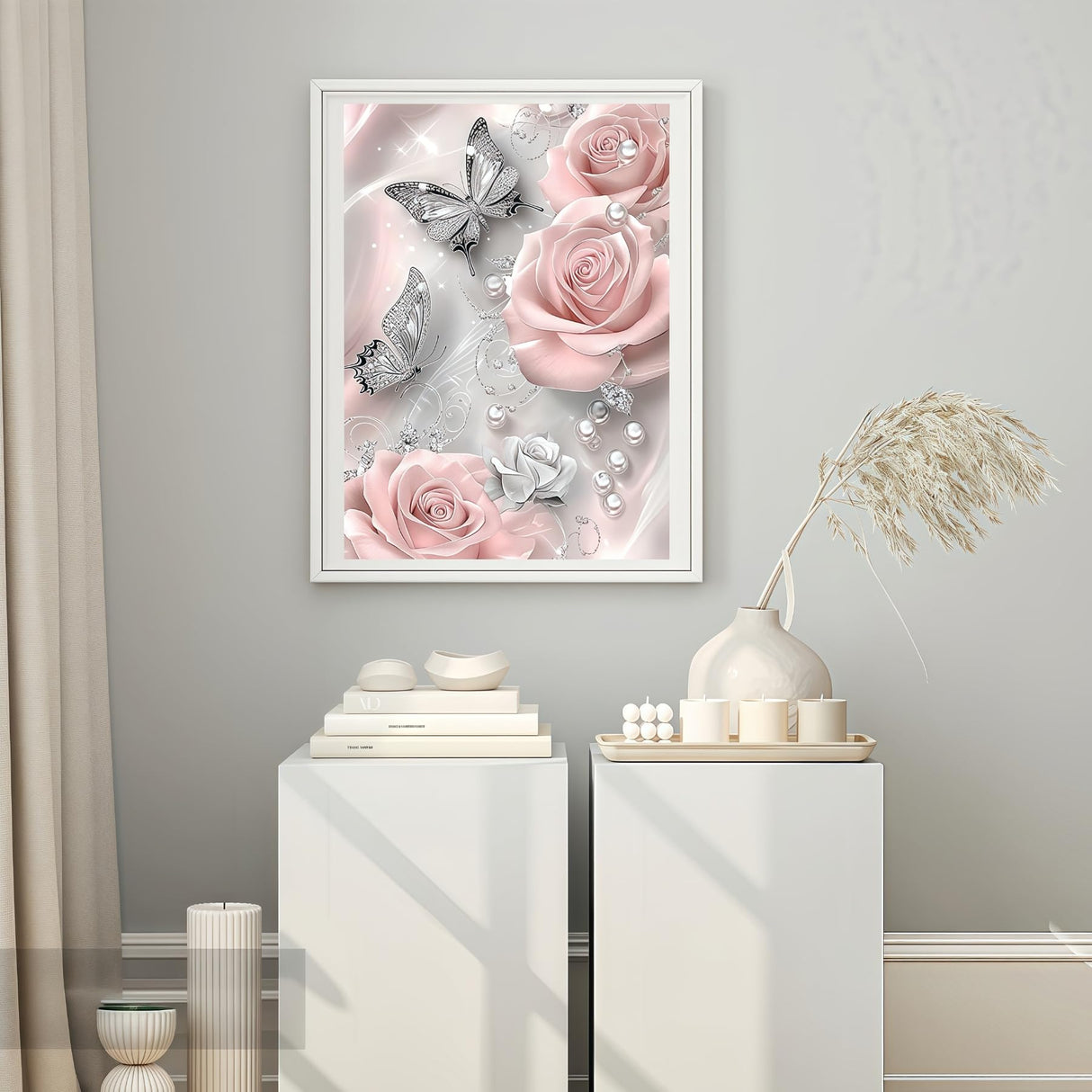 5D Diamond Painting Kits for Adults, Butterfly Pink Rose Flower Diamond Art Kits for Adults Beginner, DIY Full Drill Diamond Dot Gem Painting for Home Wall Decor 12x16inch BYGFHLYW