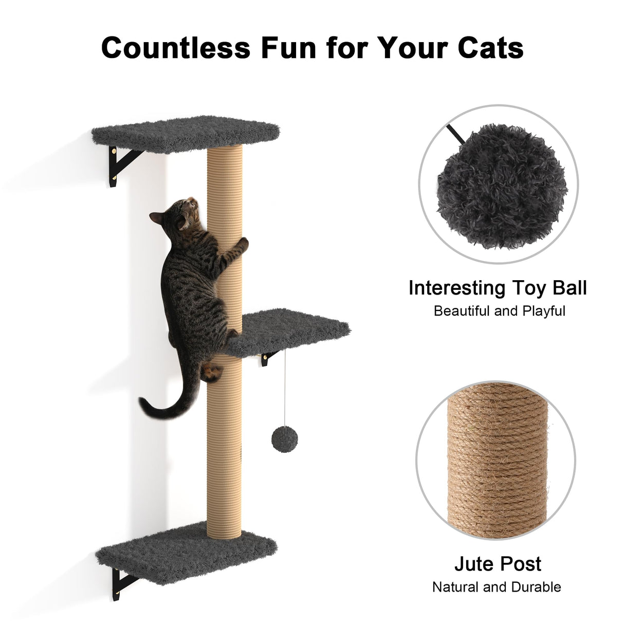 FUKUMARU Cat Wall Shelves, Stable & Safe 4 in 1 Cat Furniture Set, Wooden Climbing Wall with Scratching Post for 16 Inch Drywall - Gray FUKUMARU