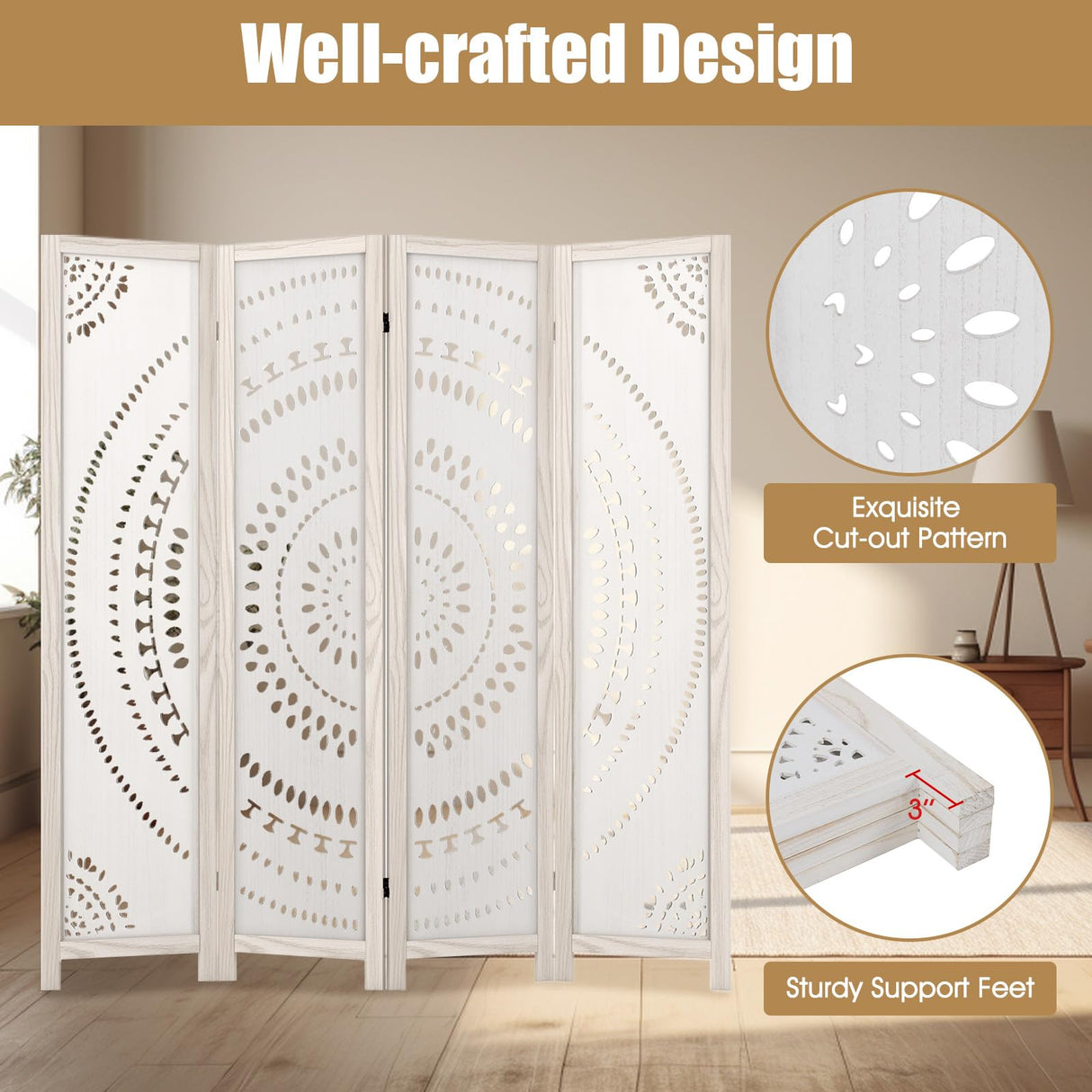 Giantex Room Divider 4 Panels - 66'' Boho Room Dividers with Carved Pattern & Solid Wood Frame, Folding Privacy Screen for Bedroom Office, Partition Wall Divider for Room Separation, Washed White Giantex