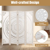 Giantex Room Divider 4 Panels - 66'' Boho Room Dividers with Carved Pattern & Solid Wood Frame, Folding Privacy Screen for Bedroom Office, Partition Wall Divider for Room Separation, Washed White Giantex