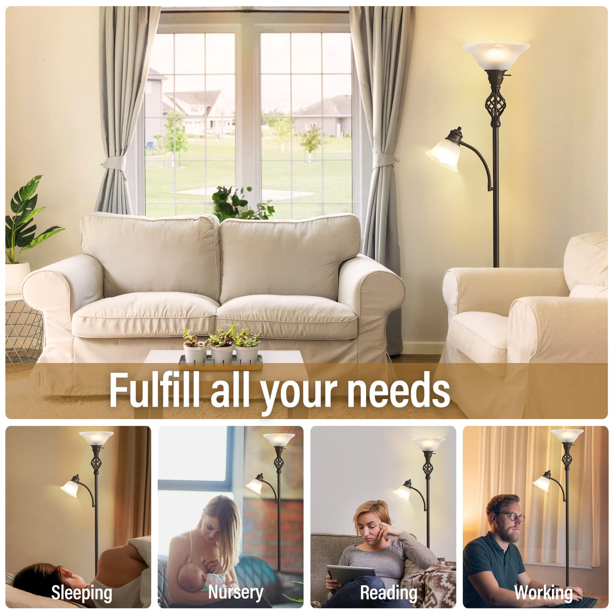 Torchiere Floor Lamp for Living Room, LED Standing Reading Light for Bedroom with Glass Shade for Living Room Corner Bedroom Home Office,Bulbs Included (Red Brown,Glass 2 Head) GyroVu