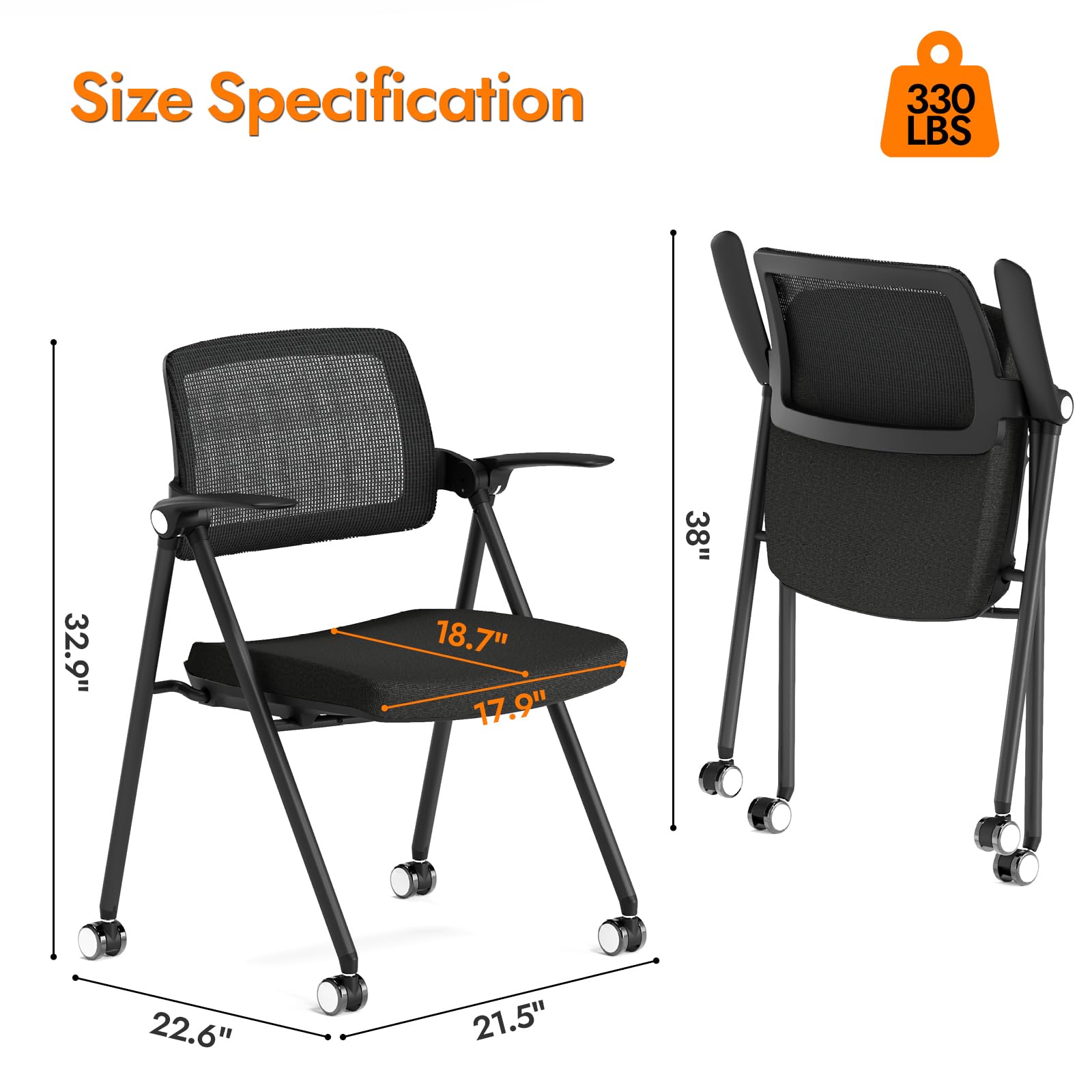 FYLICA Stackable & Foldable Office Chair Set of 2, Folding Desk Chair with Flip-Up Armrest, Breathable Mesh, Thick Seat Cushion & Rocking Backrest, Conference Room Chair with Wheel (Black) - WoodArtSupply