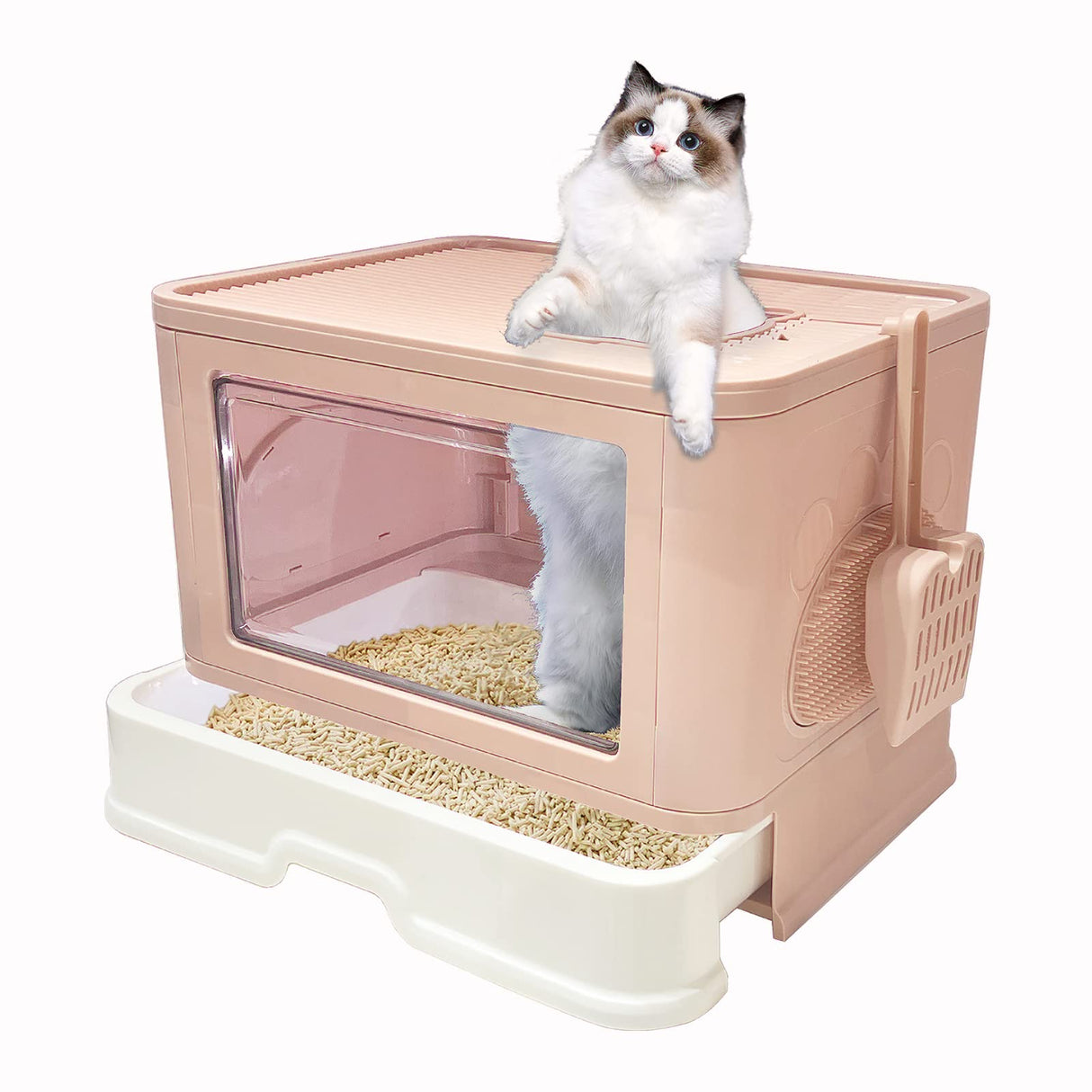 Kattypet Foldable Enclosed Top Entry Cat Toilet - Extra Large Covered Cat Litter Box with Litter Brush and Scoop kattypet