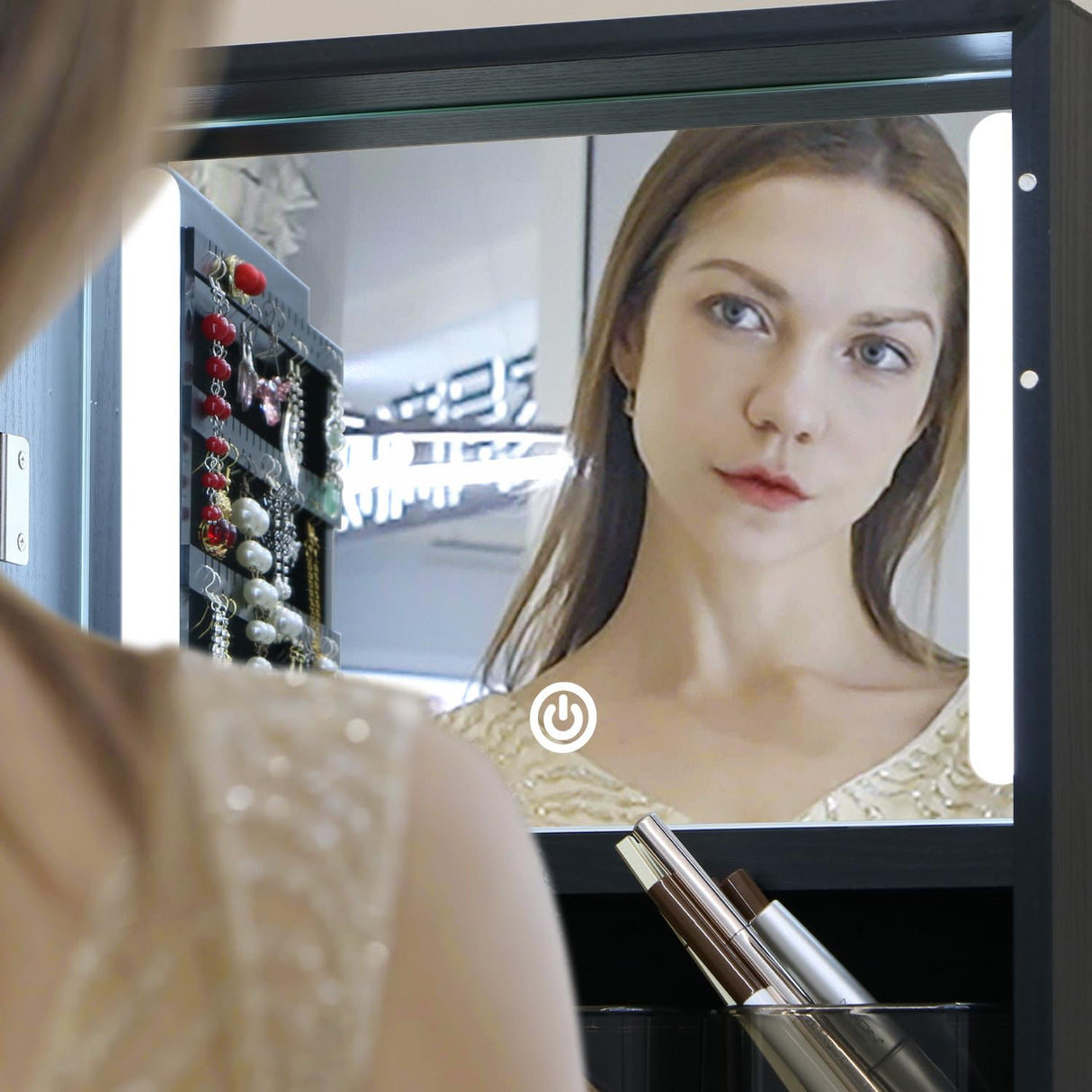 MASMIRE Swivel Full Length Mirror Jewelry Cabinet Standing With Built-In Mirror - 63.7”H Lockable Storage Jewelry Armoire With Mirror Drawers 3 Storage Racks Christmas Gift for Women Brown MASMIRE