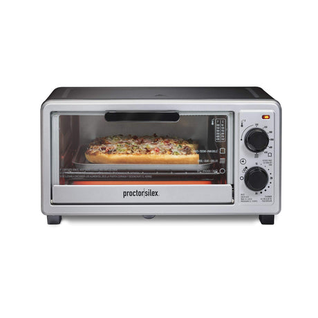 Proctor Silex 4 Slice Countertop Toaster Oven, Multi-Function with Bake, Toast and Broiler, 1100 Watts, 30 min timer and auto-shutoff, Includes Backing Pan and Rack, Black and Silver (31260) Proctor Silex