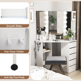 GOFLAME Corner Vanity with Mirror and Lights, Compact Vanity Table with Charging Station, 3 Lighting Modes, 5 Drawers, Dressing Table, Modern Makeup Vanity Desk with Triple Mirror for Bedroom (White) GOFLAME